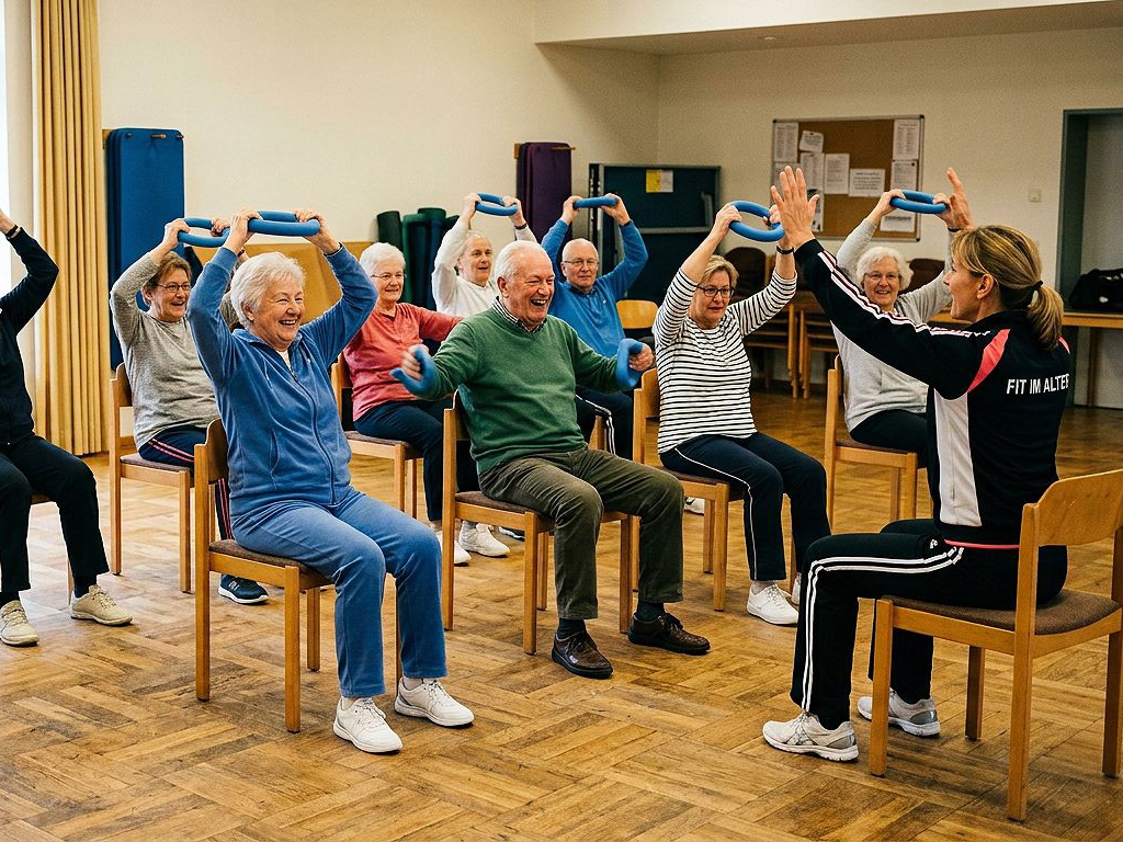 Eine Gruppe älterer Menschen führt in einem hellen Raum Gymnastikübungen in einer Kursatmosphäre durch.